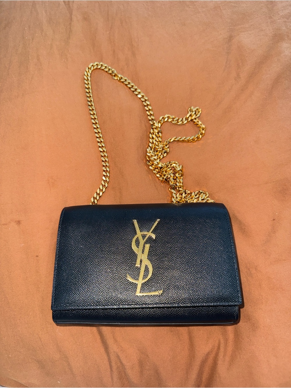 Saint Laurent Black Leather Crossbody with Gold Chain and Logo